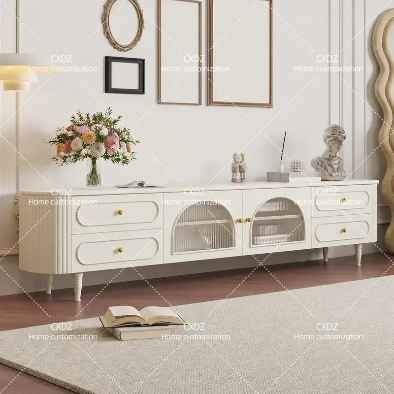 French Retro TV Cabinet and Coffee Table Set Living Room Light Luxury Cream Style Solid Wood TV Stand with Rock Slab Top