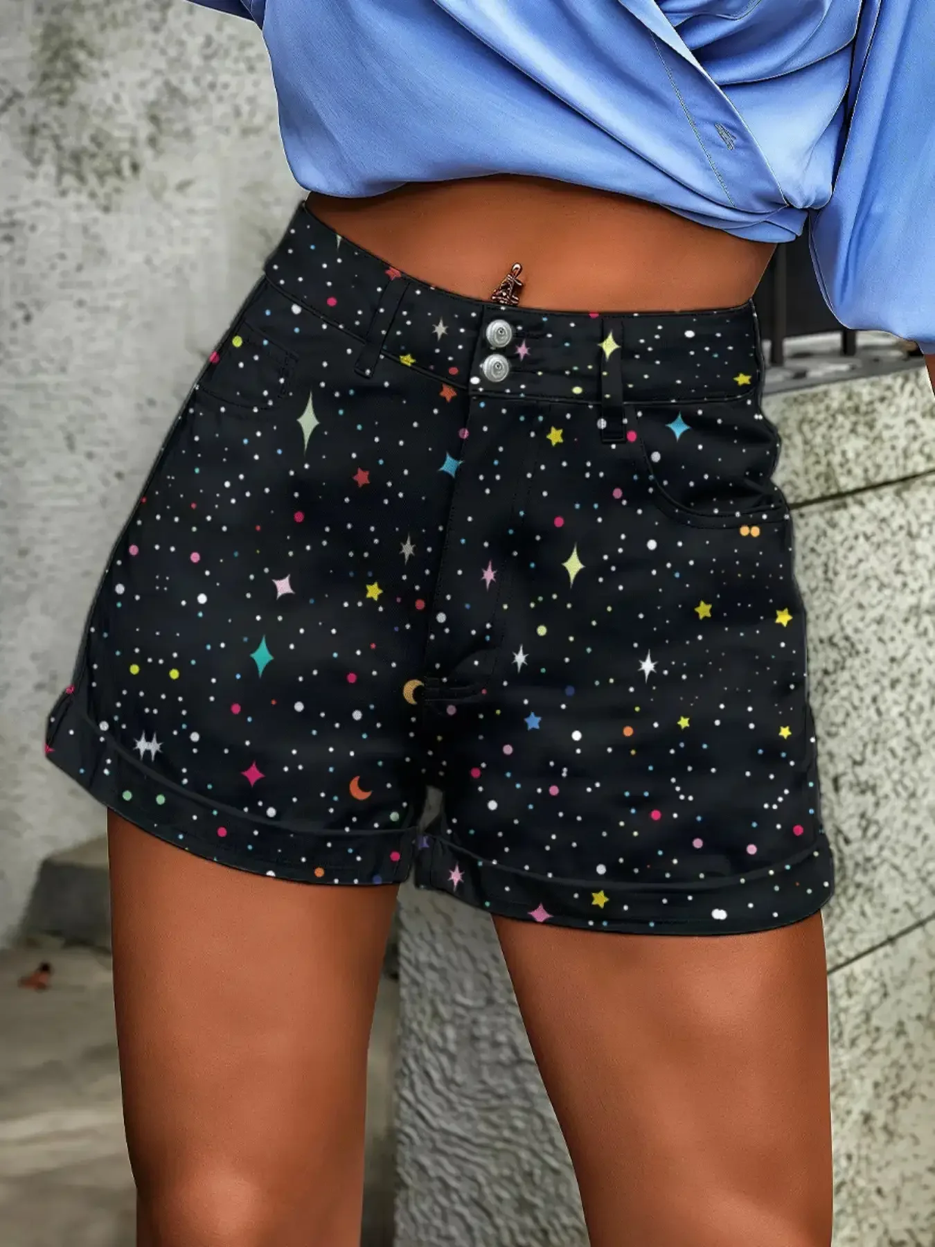 

New women's retro tropical floral graffiti imitation denim shorts -Button front design