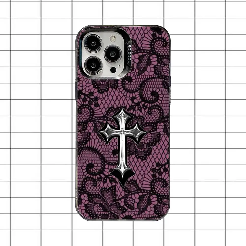Lace Style Cool Girl Phone Case For iPhone 16,15,14,13,12,11,8,7,Pro,Max,Plus,Mini,XS,SE Anti Fall Black Matte Hard - Image 2