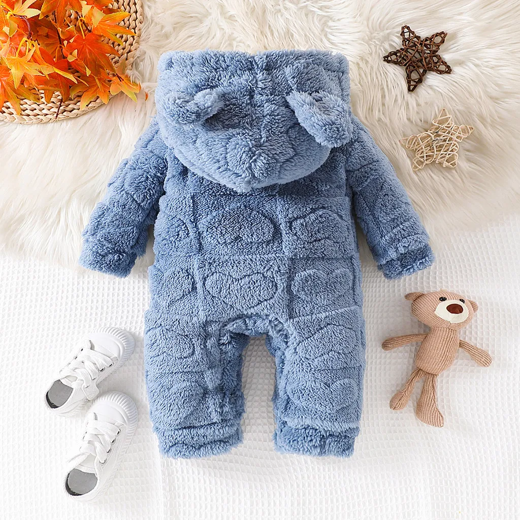 ملابس الشتاء الدافئة بيبي بوي فتاة لطيف بأكمام طويلة مقنعين رقيق رومبير 2 ألوان طقم قطعة واحدة للأطفال الصغار بذلة لمدة 1-18 أشهر #5