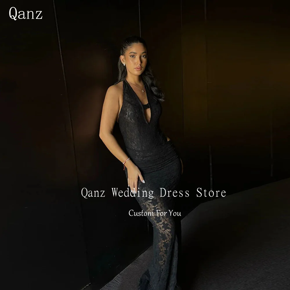

Qanz Modern Black Prom Dress Mermaid Lace Appliques Halter Neck Evening Gown Backless Women Vestidos Fiesta De Lujo Customized