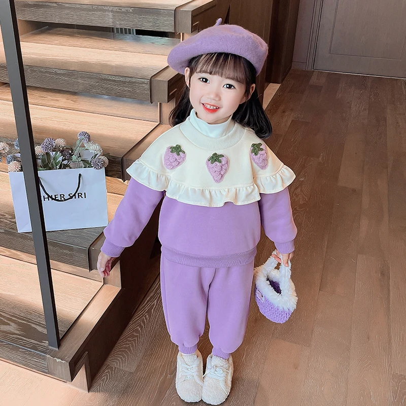 Children Winter Clothing Sets Baby Girls Strawberry Thickened Sweater Pants Kids Clothes Outfits Infant Tracksuits Sportswear