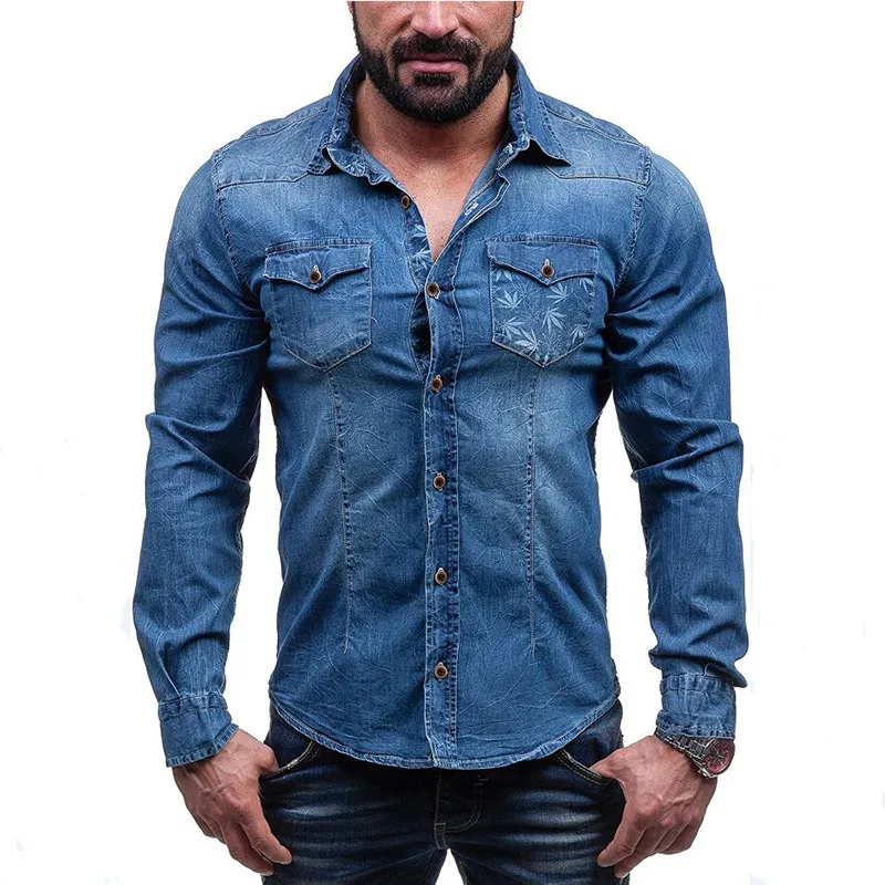 Cotton Slim Fit Denim Shirts Men outdoor Casual printing Long Sleeve tops Mens Jeans Shirt Pop Autumn Fashion Shirt for Men