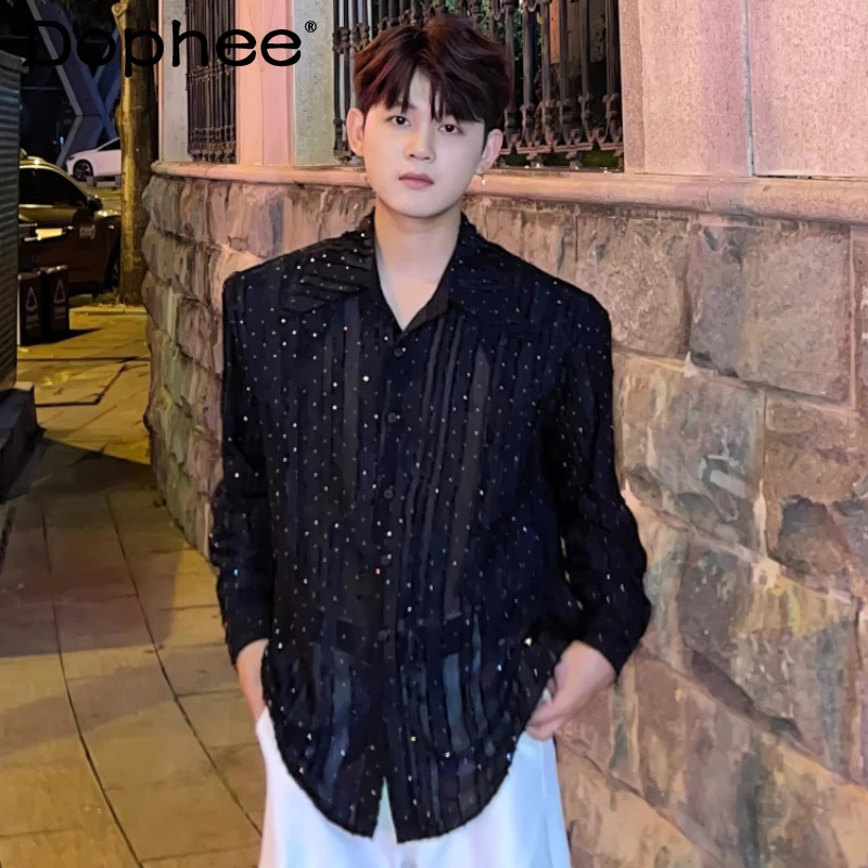 

Men's Long-sleeve Shirts 2025 Four Seasons Wear Starry Sky Hot Diamond Design Personalized Tops Slightly Transparent Loose Shirt
