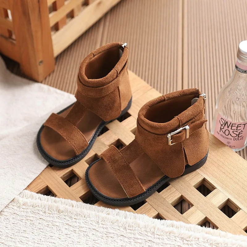 Ankle-strap Summer Roman Shoes for Girls Suede Leather High-top Sandals Little Girl Soft Sole Open Toe Dress Shoes Child Size