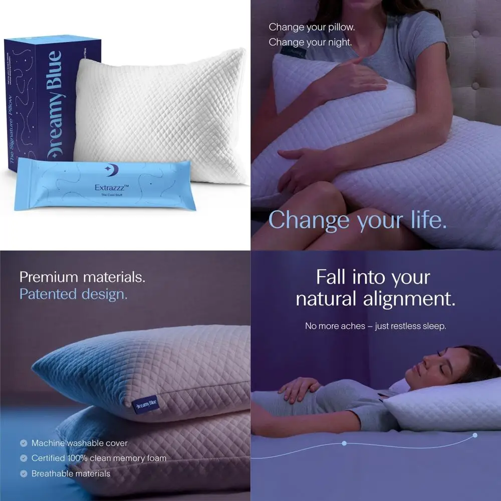 

Dreamy Blue Signature Pillow with Adjustable Height - Shredded Memory Foam for Comfortable Side, Back, and Stomach Sleeping