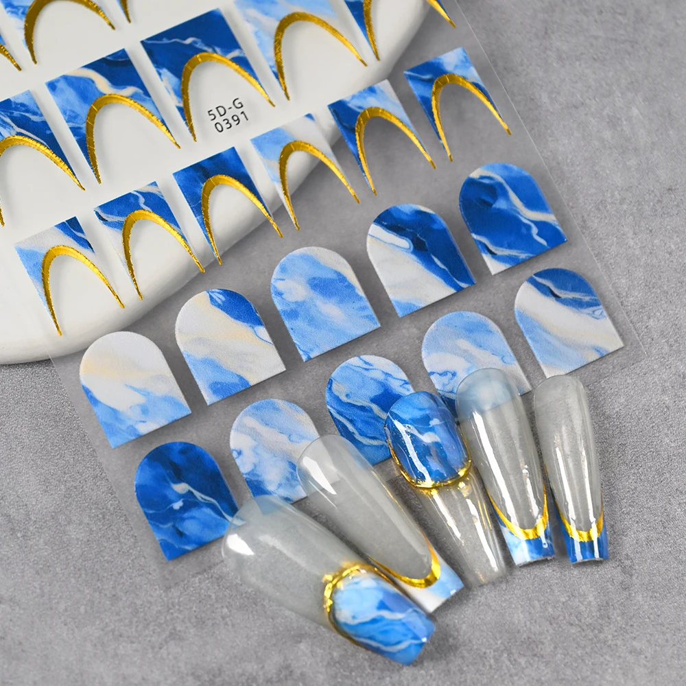 1Pcs 5D Blau Marmor Französisch Nagel Aufkleber Blühende Tinte Malerei Rauch Kleber Nägel Aufkleber Gold Crescent Moon Linien Nägel slider