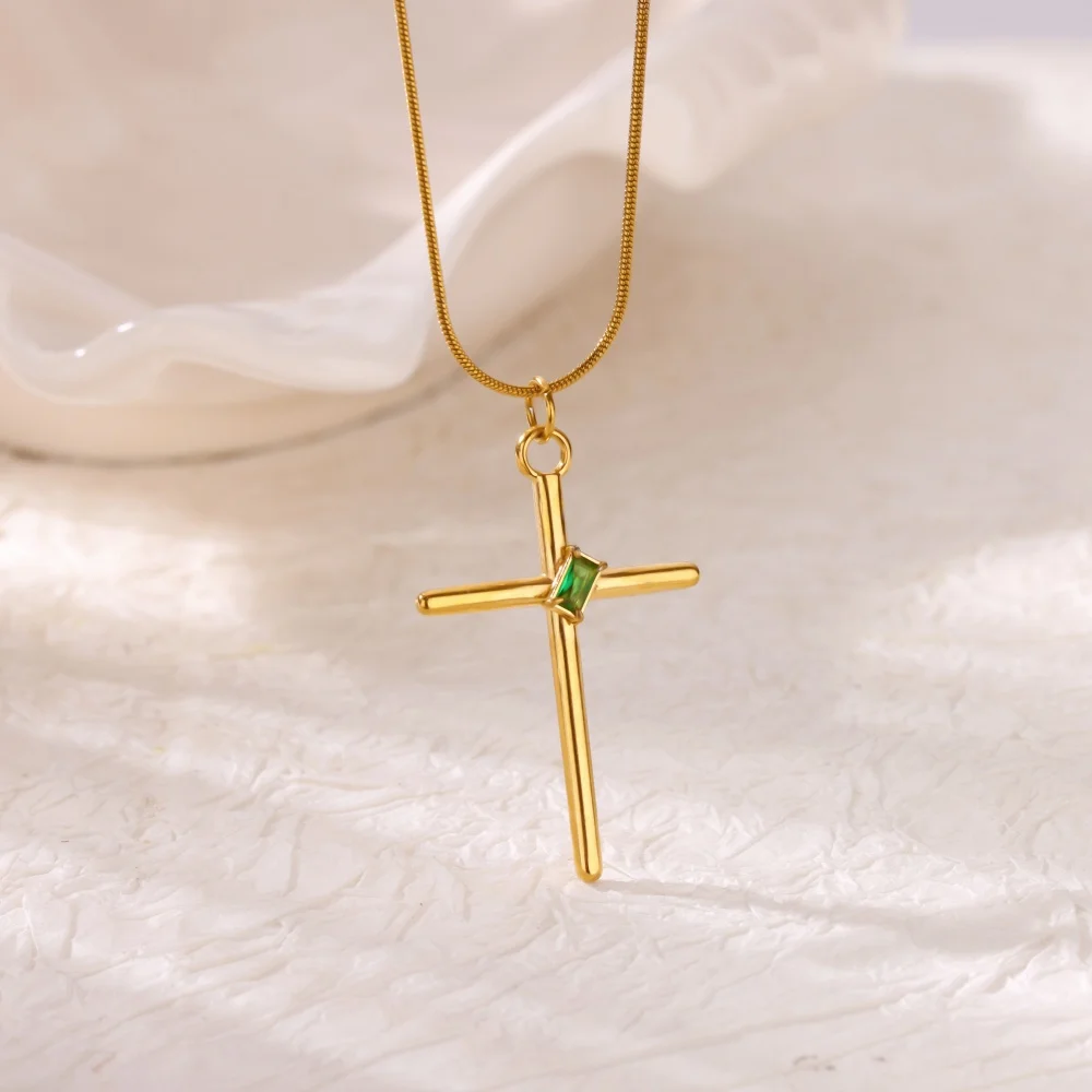 Women's Cross Pendant Necklace Gold Color Square Zircon Stainless Steel Vintage Jewelry Trendy Accessory for 2025 Freeshipping