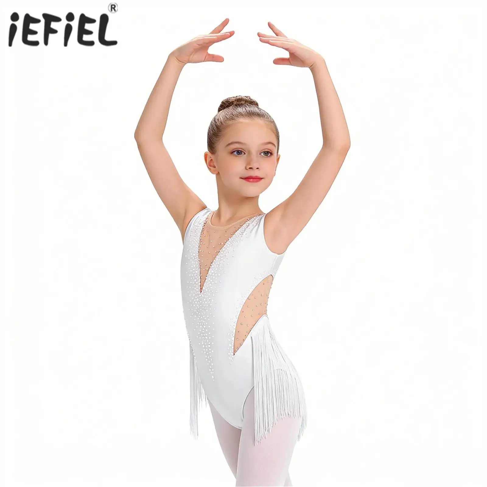 

Детский блестящий купальник для девочек с бахромой и стразами для балета, латиноамериканских танцев, фигурного катания, с сетчатыми вставками и кисточками