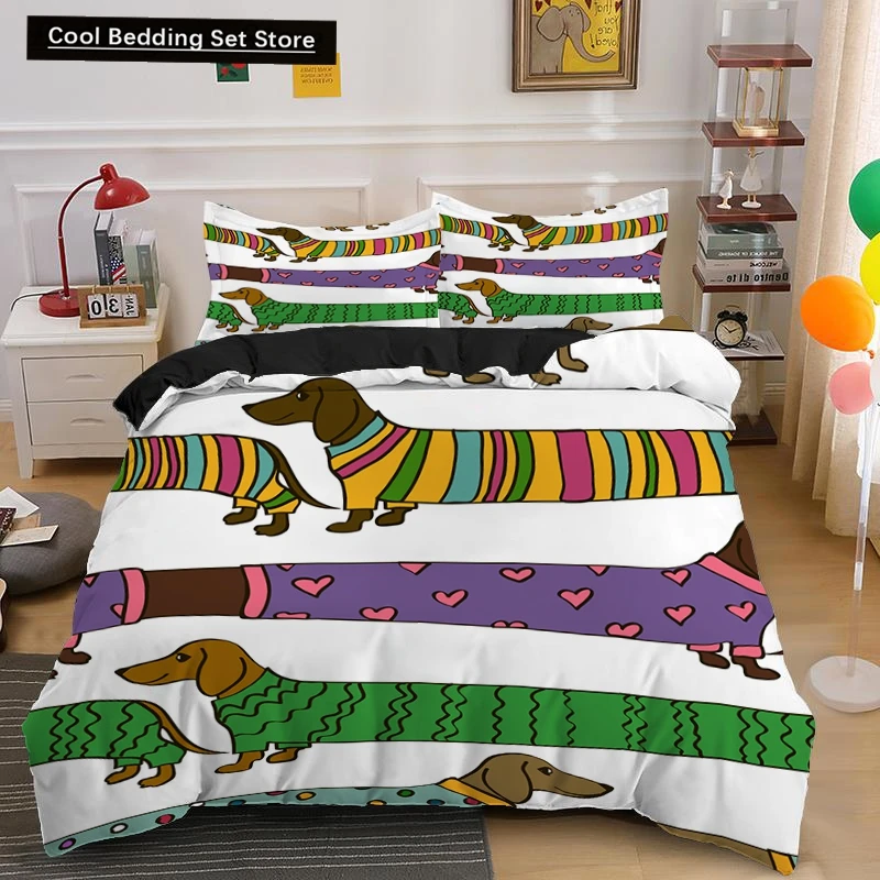 

Dachshund Dog King Queen Duvet Cover Cartoon Pet Puppy Bedding Set Sausage Dog Quilt Cover Cute Animal Polyester Comforter Cover