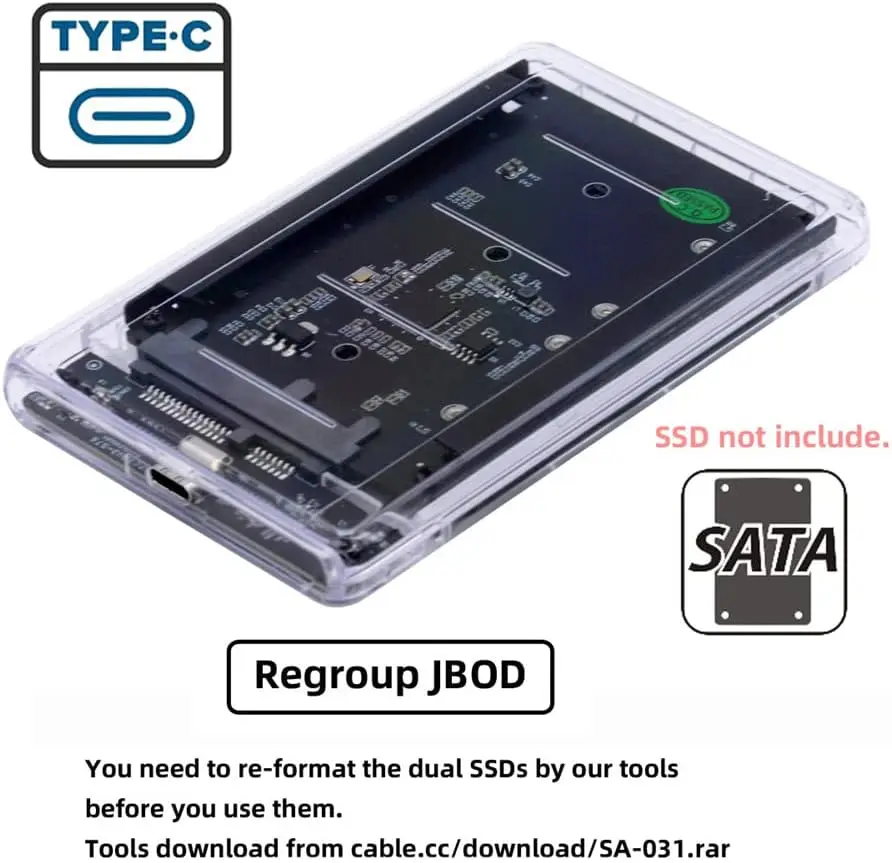 

Двойная NGFF B+M-Key M.2 SSD-карта JOBD Raid0 Span Bridge к USB3.0 Type-C USB-C 2,5-дюймовому комбинированному корпусу SATA