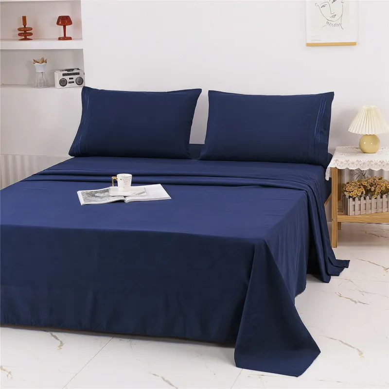 Embroidered Bedding Set 3/4Pcs Soft Brushed Polyester Fitted Sheet Flat Sheet Pillowcases Twin(3pcs) Full Queen King Wholesale