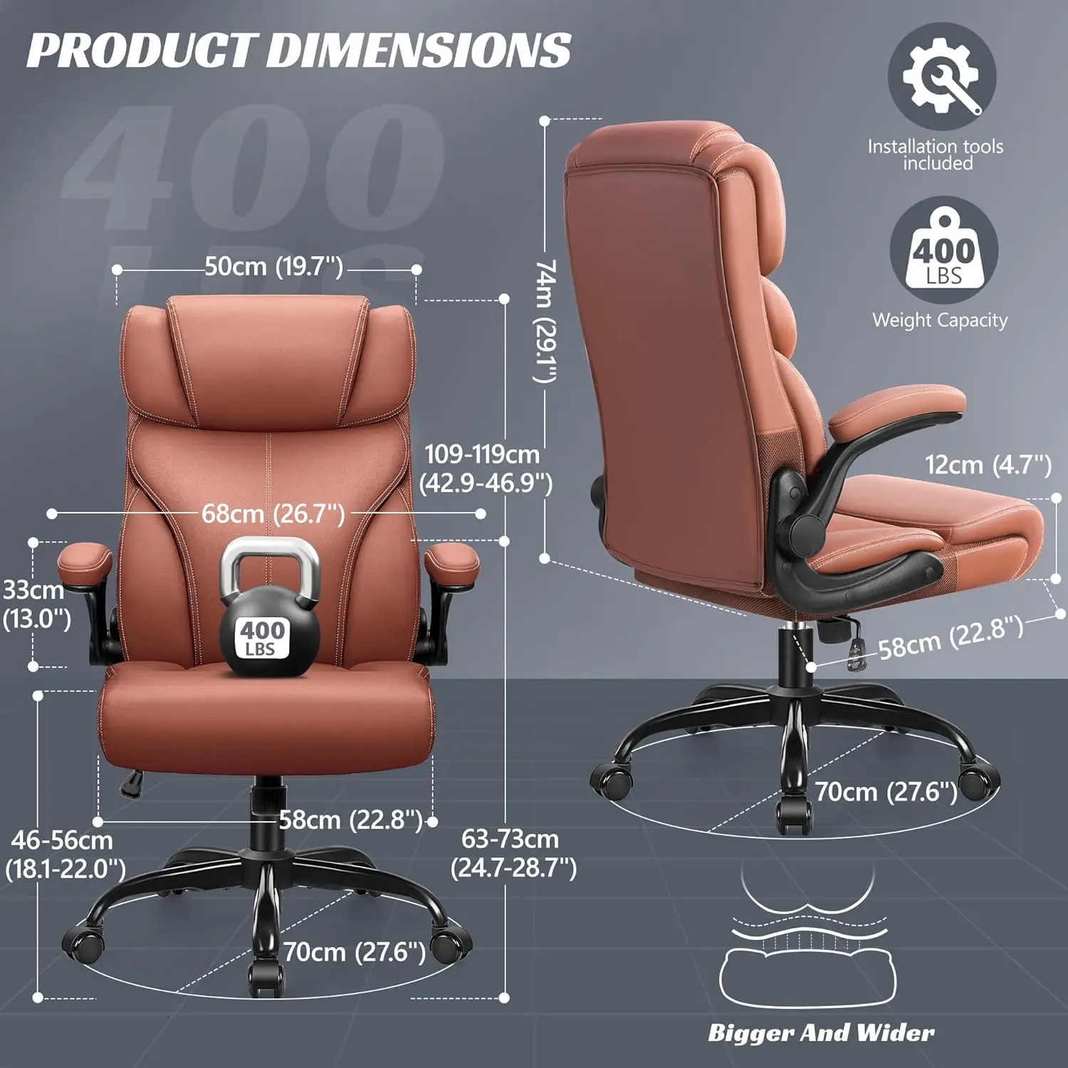 Office Chair, Ergonomic Big and Tall Computer Desk Chairs, Executive Breathable Leather Chair with Adjustable High Back Flip-up