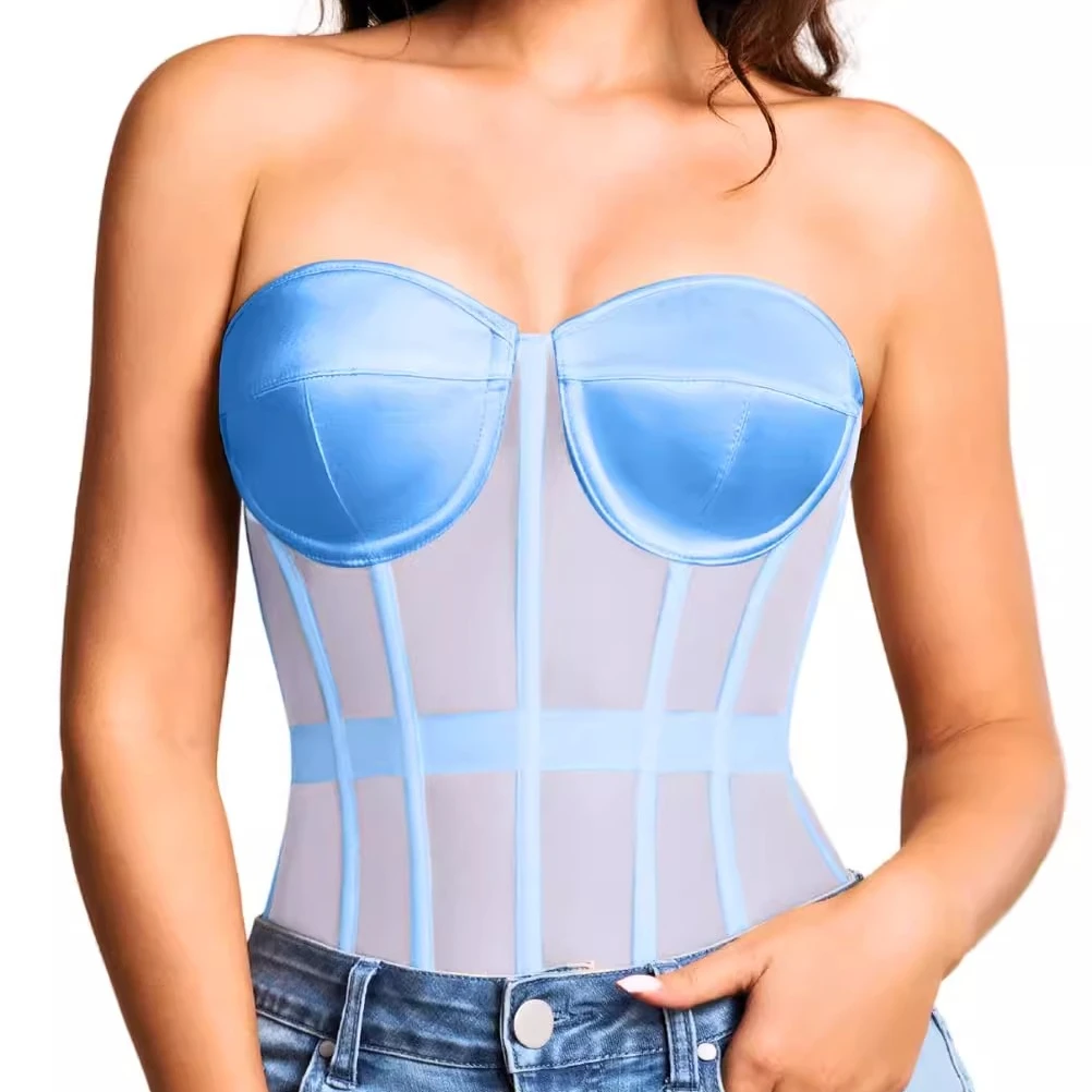 

Corsets Strapless with Bra Breathable Mesh Lace Up Boned Bodices Waist Girdle Tummy Tight Bustier Women Tops