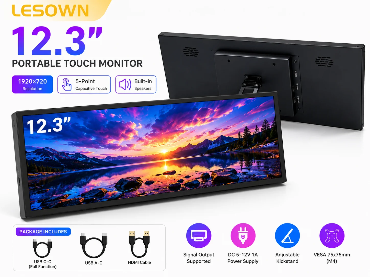 LESOWN 12.3 Inch IPS Portable Display 1400:1 Contrast Ratio External Monitor Multi-touch Screen for Remote Work