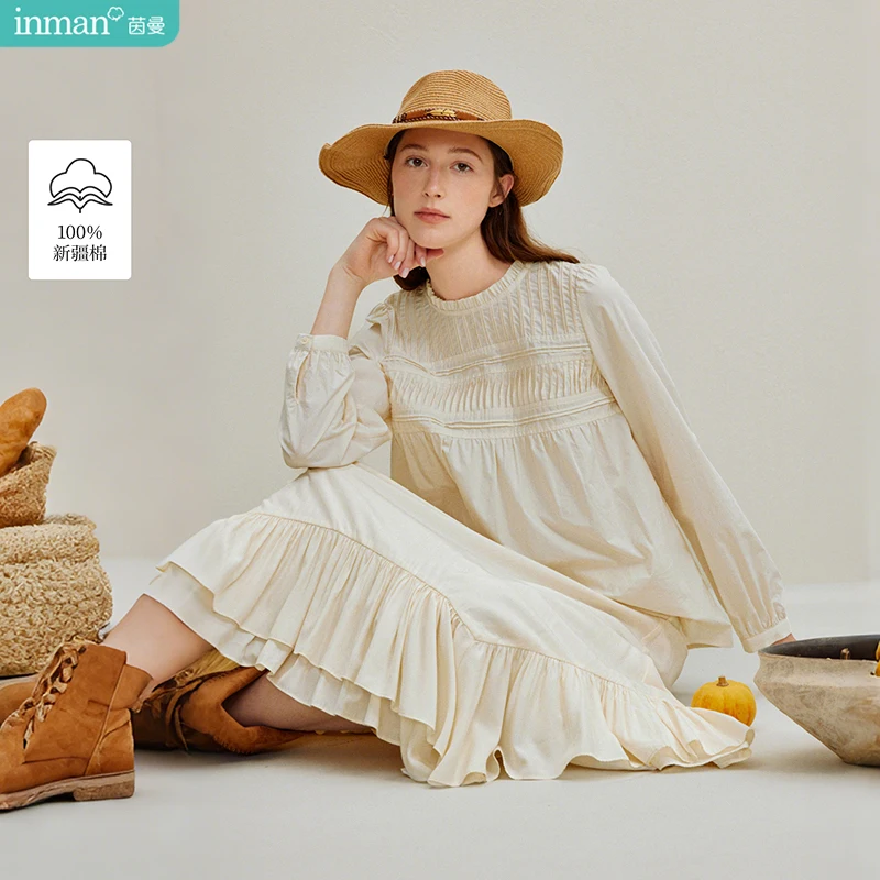 

INMAN Pure Cotton French Poplin Ruffled Collar Pleated Long Sleeve Loose Fit Blouse 2025 Autumn Women's New | Elegant Casual Chi