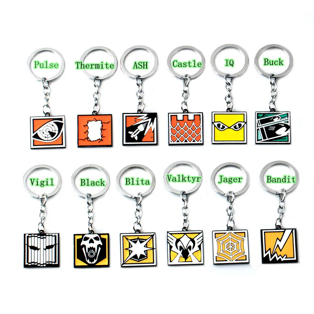 12pcs Full Set R6 Game Peripherals Rainbow 6 SeriesColored Alloy Keychain 3cm