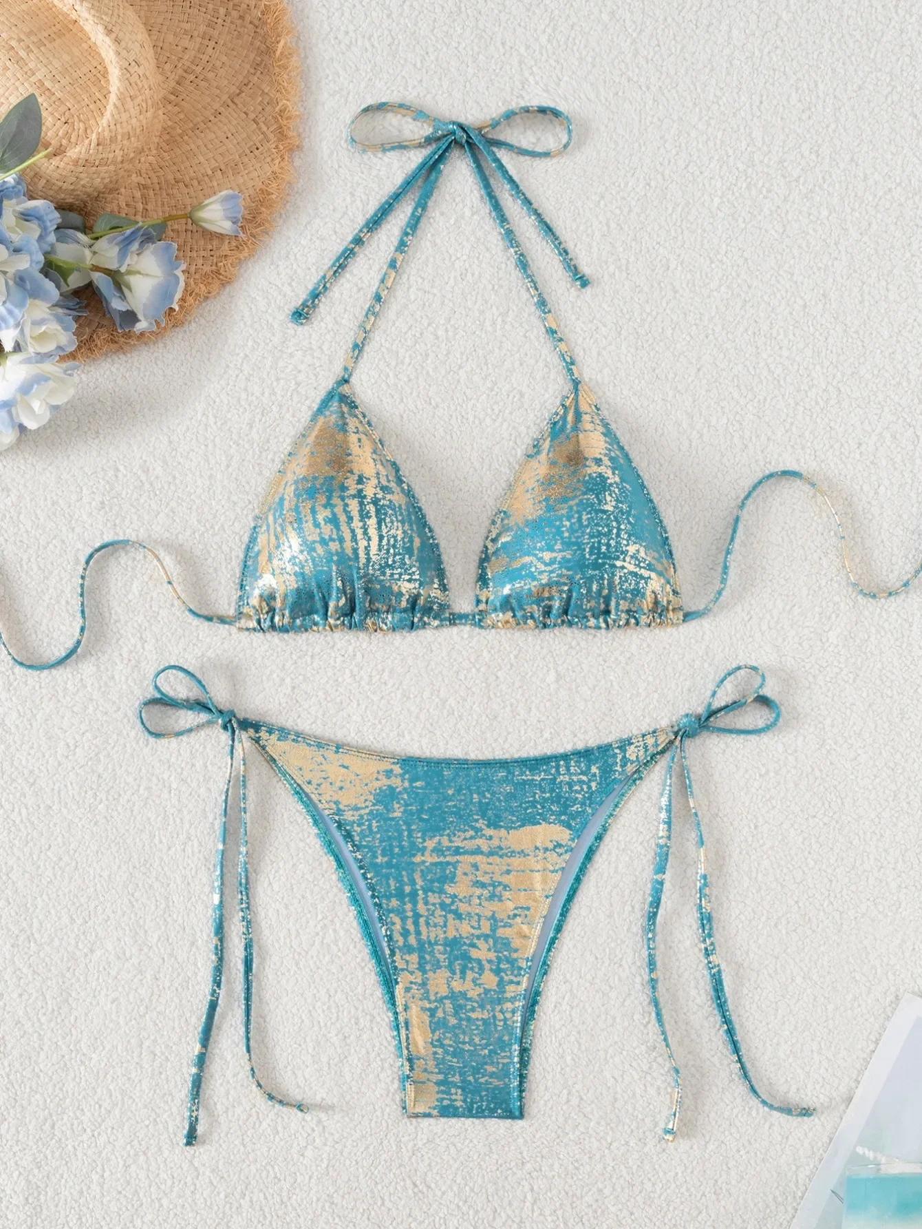 Bikini Push Up Segitiga Seksi Pakaian Renang Bikini Emas Tali Samping Wanita Baju Renang Metalik Wanita Pakaian Mandi Pantai Biquini Wanita