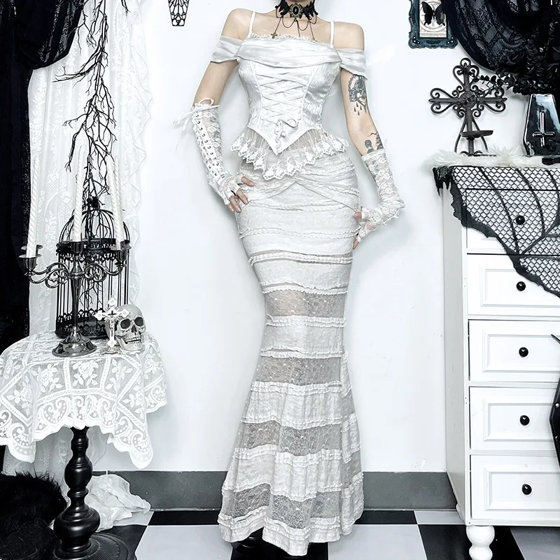 

Mermaid Gilles Splicing Slim Fishtail Dress and One-shoulder Chain Sling Dress Two-piece Suit