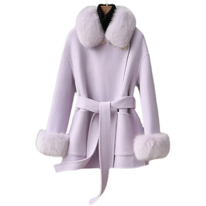 Pudi 2023 New Design Genuine Wool Fabric Women Coat Winter Warm Real Fox Fur Collar Hot Lady Jacket CT360