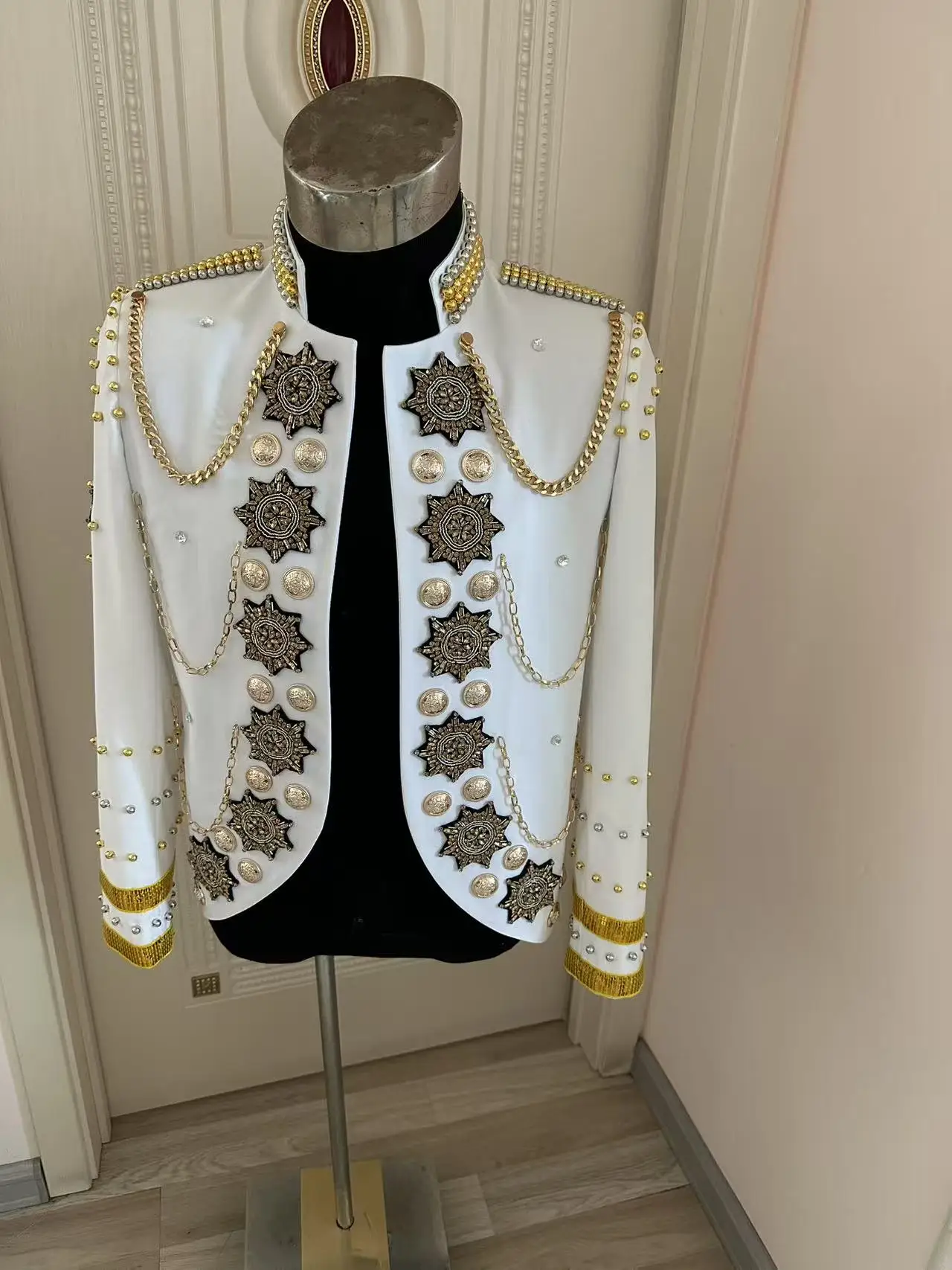 

Customized White Beads Metal Chain Jacket Party Banquet Concert Dress Costumes Stage Show Slim Blazer