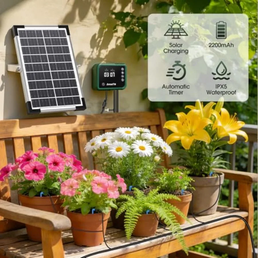 8W Solar Drip Irrigation System for Gardens DIY Automatic Drip Kit 35m Drip Hose and 30 Emitters in Black Supports Watering 30