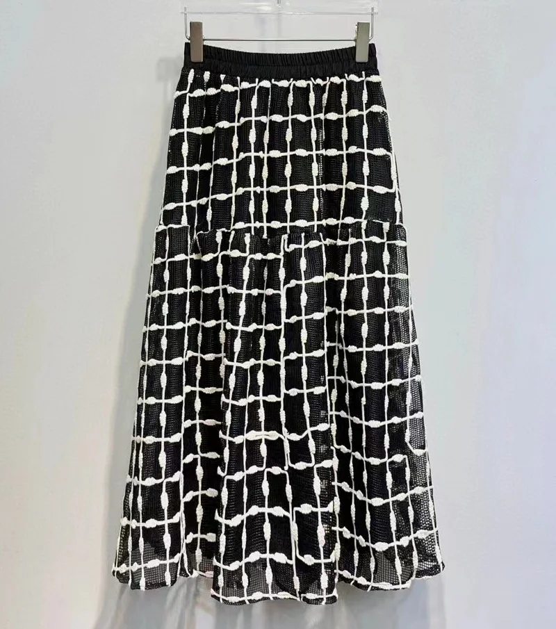 New Designer Fashion Skirts 2025 Spring Summer Style Ladies Elastic Waist Geometric Patterns Embroidery Long Maxi Black Skirts