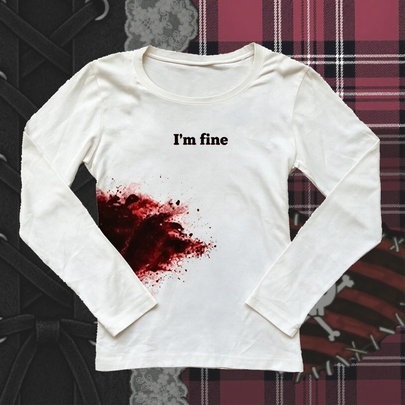 Women Gothic Long Sleeve T‑Shirt I'm Fine Blood Splash Print Tee Y2K Alt Grunge Punk Slim Fit Round Neck Streetwear Tops Black W