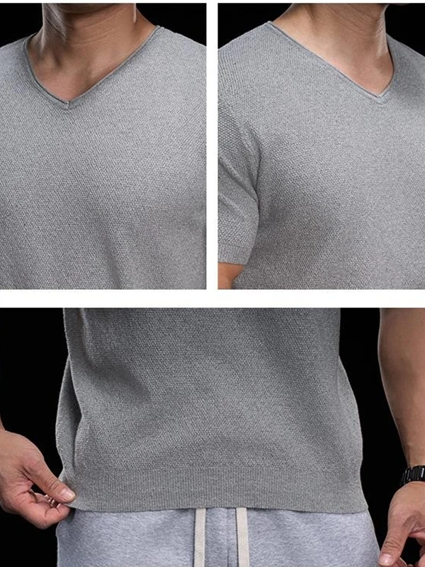 Geen Fny American Retro Fitn ort Sve Knitted irt Men's Summer New Trendy Pure Color V-ne T-irt