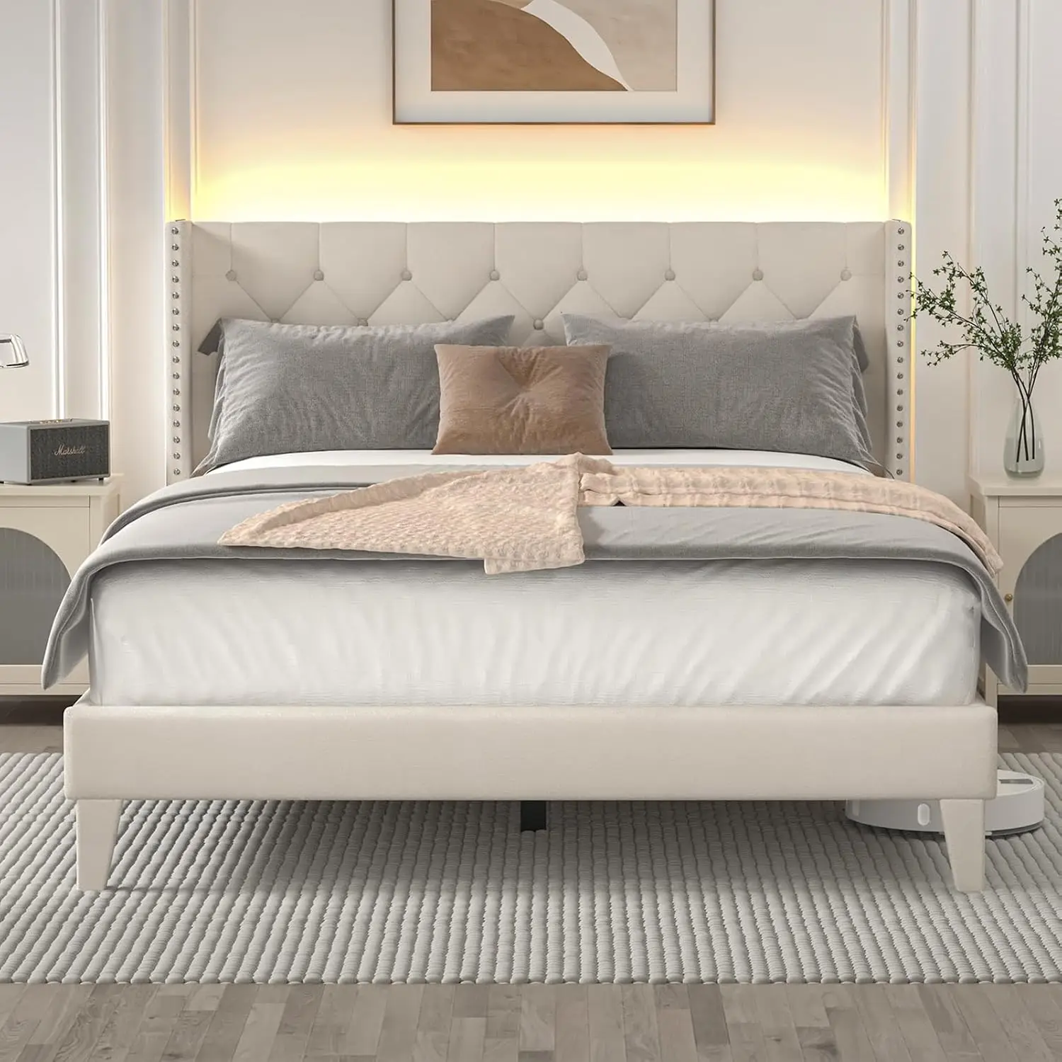 Queen Upholstered Bed Frame with LED Lights & Wingback Tufted Headboard, Wood Slats, Noise-Free, Easy Assembly, No Box Spring, B