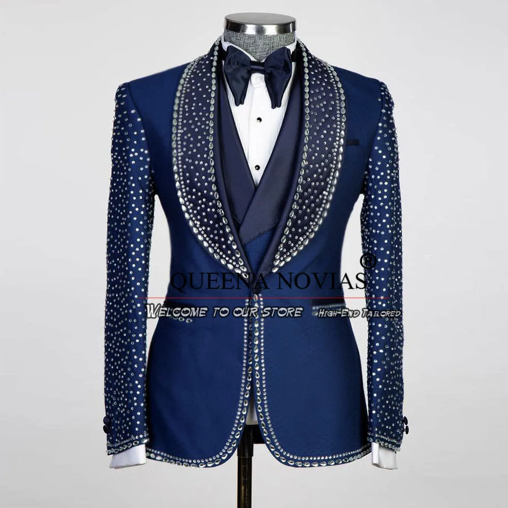 Luxury Navy Blue Boy Tuxedos Crystals Beading Jacket Vest Pants 3 Pieces Children Suits Tailored Made Kids Formal Party Clothing