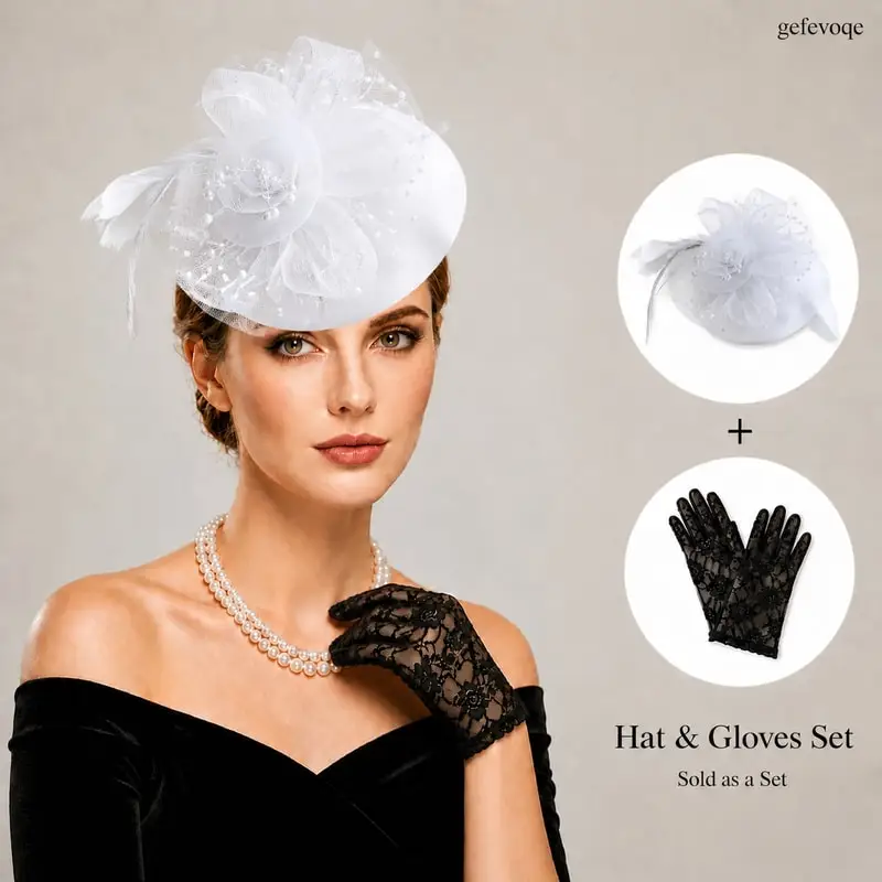 Fascinator Hat With Mesh And Pearl And Lace Gloves Set For Women Wedding Guest Cocktail Party Royal Ascot Formal Events