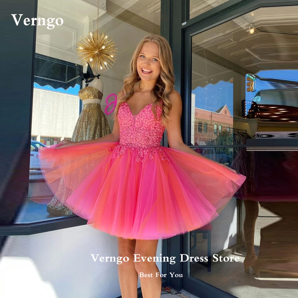 

Verngo Short Hot Pink Prom Party Dresses Tulle Applique Spaghetti Straps Knee Length Homecoming Dress Girls Formal Gowns