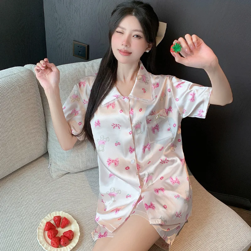

Cartoon Bow Bear Women Pajamas Set Pijama Silk Satin Pyjamas Sweet Women Loungewear Homewear Ice Silk Summer Pajamas Woman