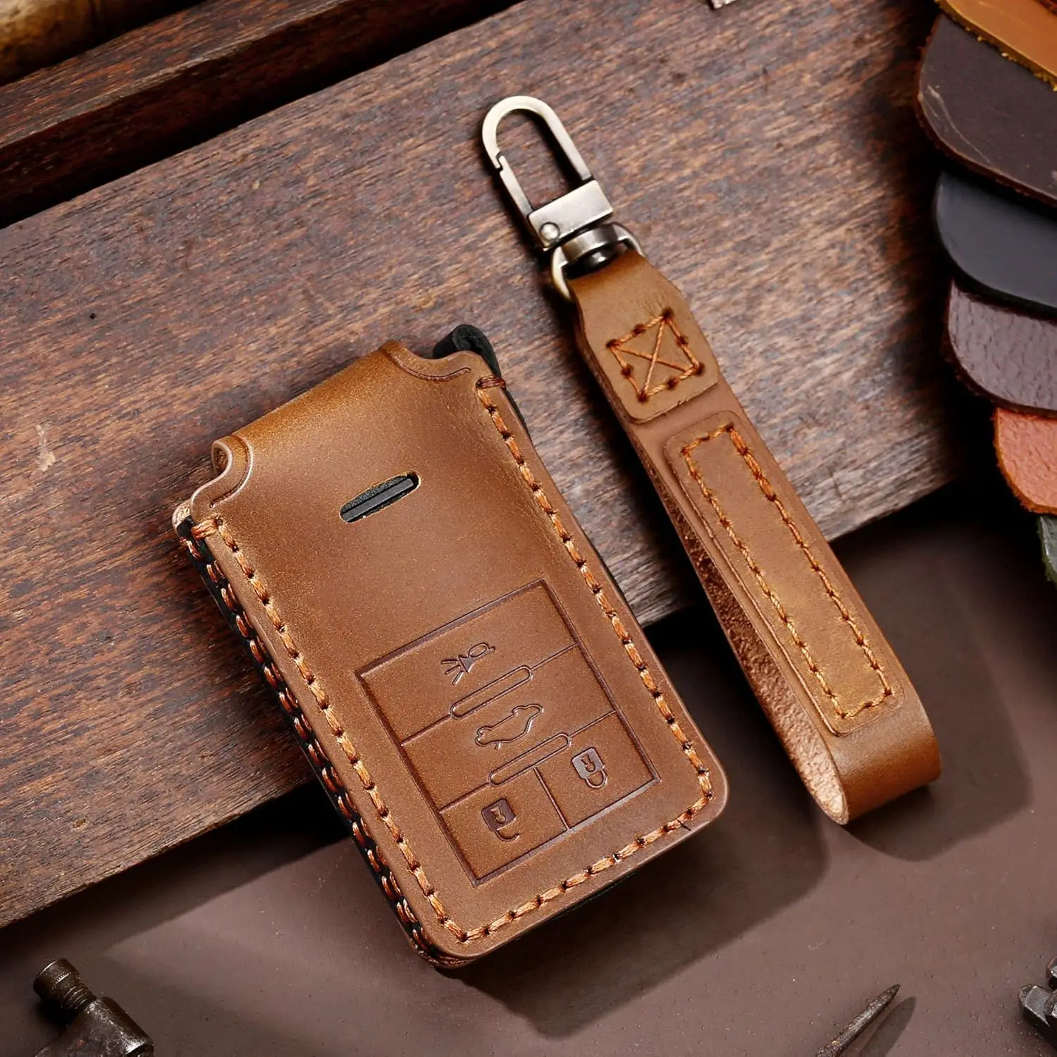 

WH 4-Button Car Key Cover For Cadillac Fob Case Leather Key Holder Stylish Key Shell Brown