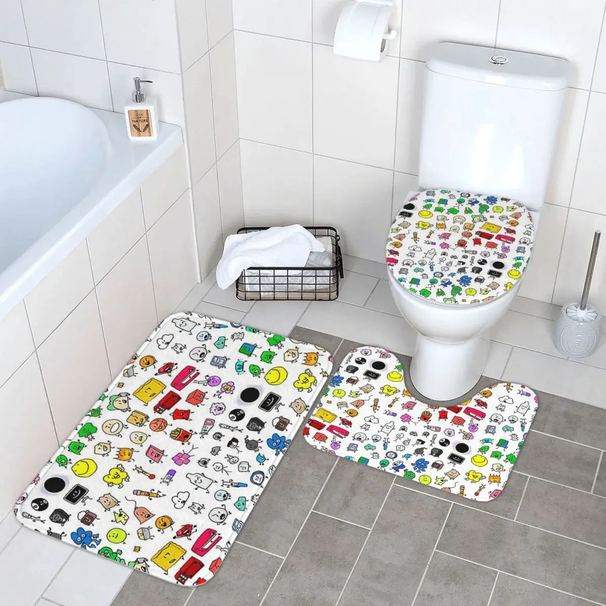 

BFDI все персонажи (прозрачный) 3-х шт. коврик для ванной комнаты, набор для ванной комнаты, крышка для унитаза, домашний декор, нескользящий ковер, напольный ковер