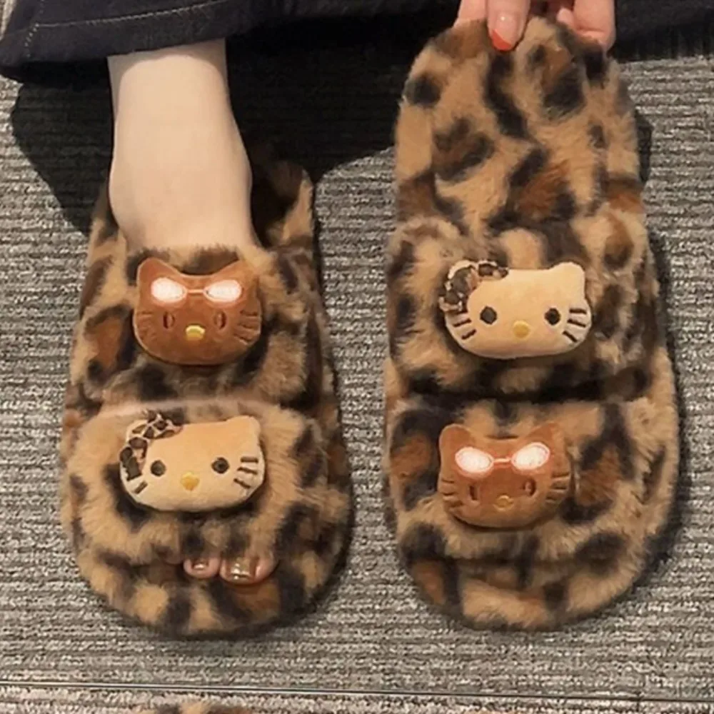 New Hello Kitty Cotton Mop Sanrio Originality Leopard Print Keep Warm Plush Slipper New Autumn Winter Style Non-slip Flat Shoes