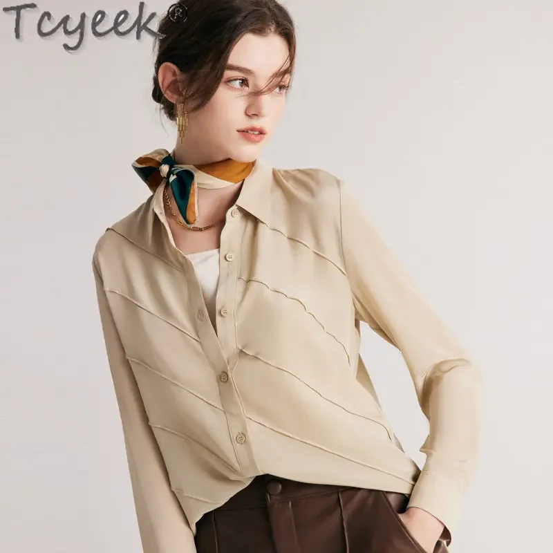 Tcyeek 100% Mulberry Silk Shirts for Women 2023 OL Shirt Blouse Women Blouses Long Sleeve Top Real Silk Blouse Blusas Elegantes