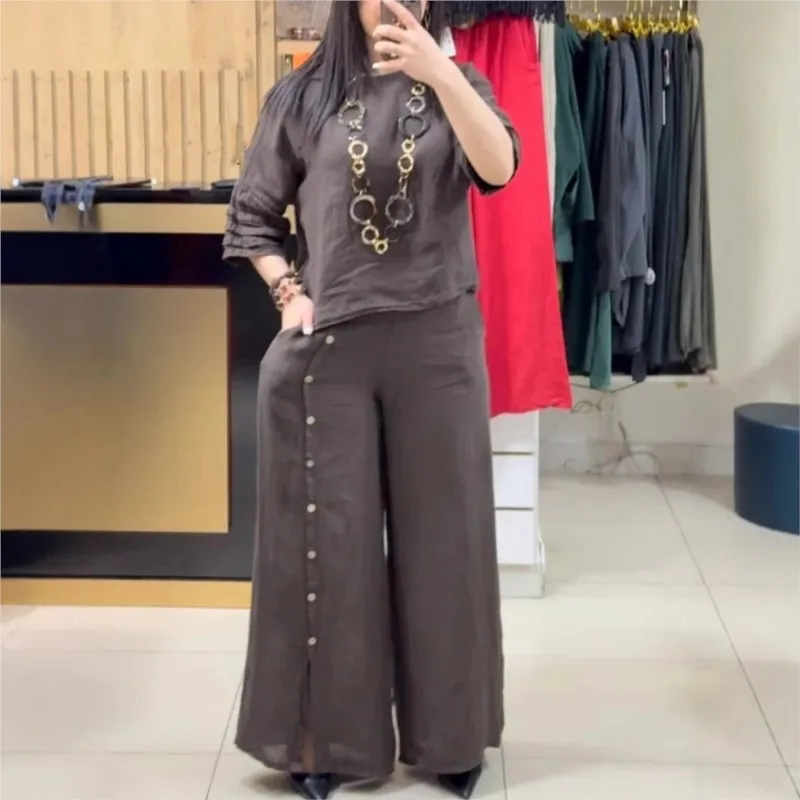 

2025 New Fashion Casual Two-piece Sets Loose Solid Color Short-sleeved Mid-sleeve Shirt Blouse Button-down Wide-leg Pants Suits