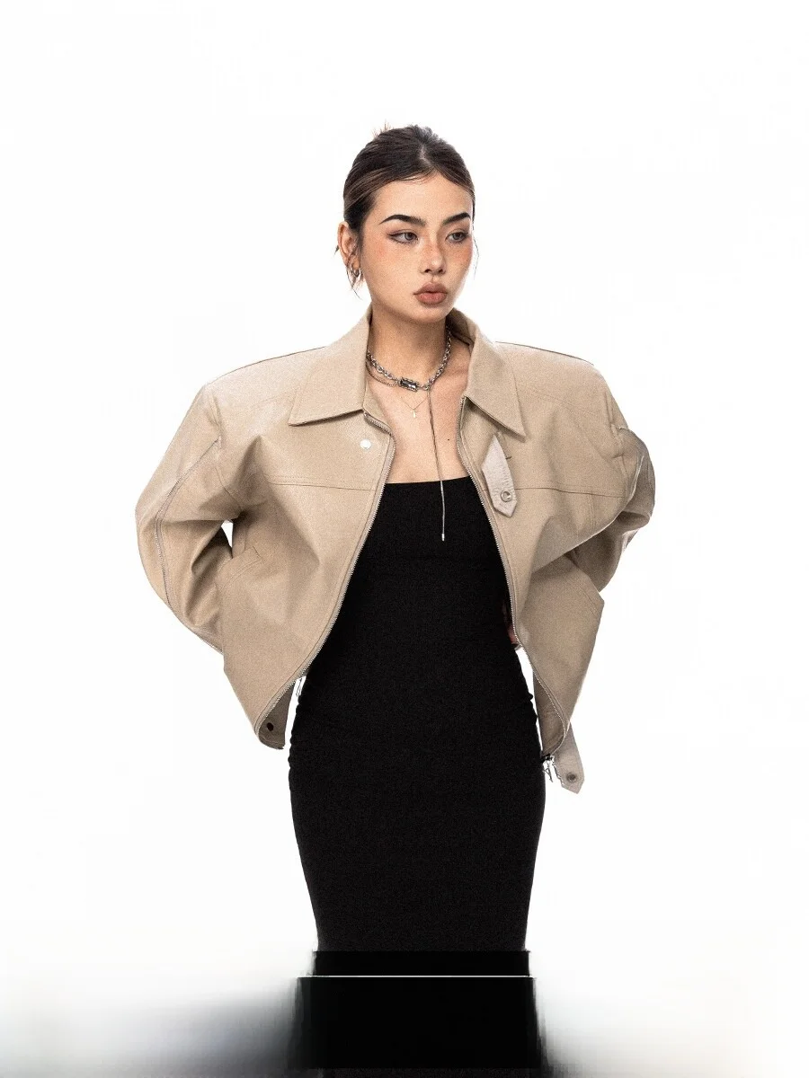 Street Style Loose Fit Motorcycle Jacket Pure Color Zip Sleeve Design Versatile Black PU Leather Biker Coat for Women