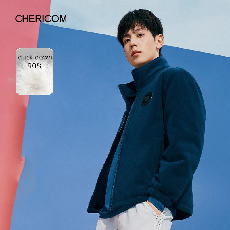 Chericom Chaqueta de plumón de pato con forro polar y cuello levantado, puños elásticos a prueba de viento, solapa con cremallera, abrigo con bolsillos laterales inclinados Y309532Y