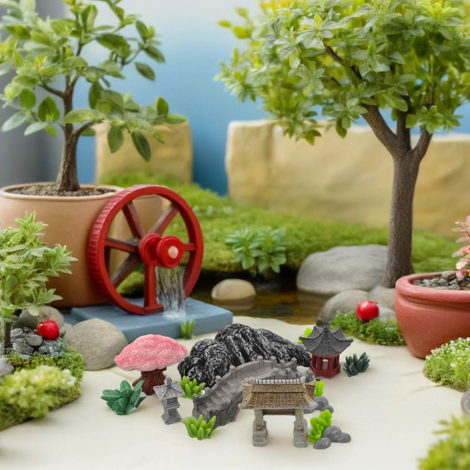 

1Set Miniature Zen Garden Bridge Rockery Pavilion Stone Pagoda Figurines Chinese Style Garden Decoration for Desk Aquarium