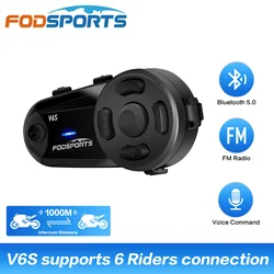 Fodsports V6S Capacete de Motocicleta Intercomunicador, Auricular Bluetooth, 6 Riders, 1000m Interphone impermeável, Rádio FM, Compartilhar Música