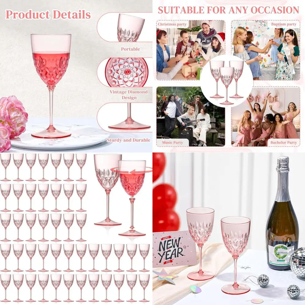 

Bulk 48pcs 7.4oz Pink Plastic Wine Glasses - Detachable Stemware for Weddings, Parties & Events