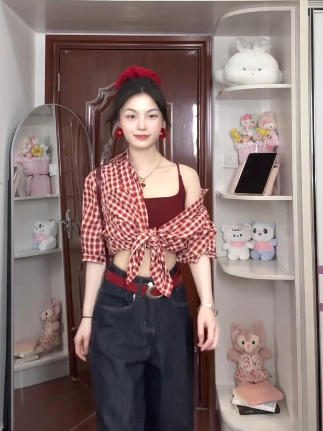 

Red Plaid irt Women's Winter 2026 New Sle Ele Top Coat Long Sve Sunscreen Thin Model French Sle Collar Loos...