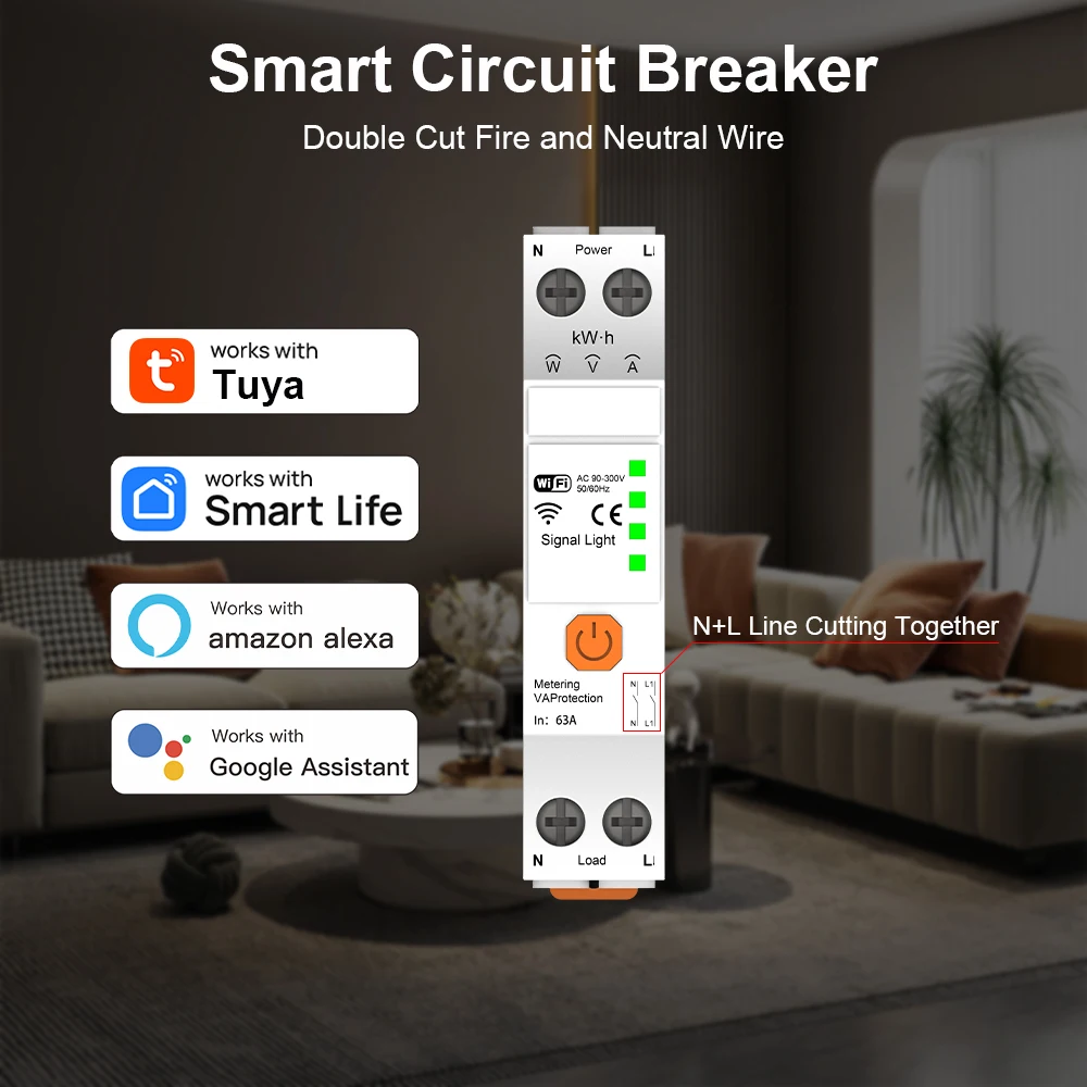 

63A WIFI Smart Switch Energy Meter Kwh Metering Monitoring Timer Relay MCB TUYA smartlife voltage current protection Zero-fire d