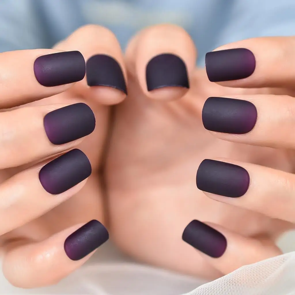 Short Squoval Matte Purple Black Design Fake Nails Tips Press On Nail Art Full Coverage Reusbale Salons At Home False Nails