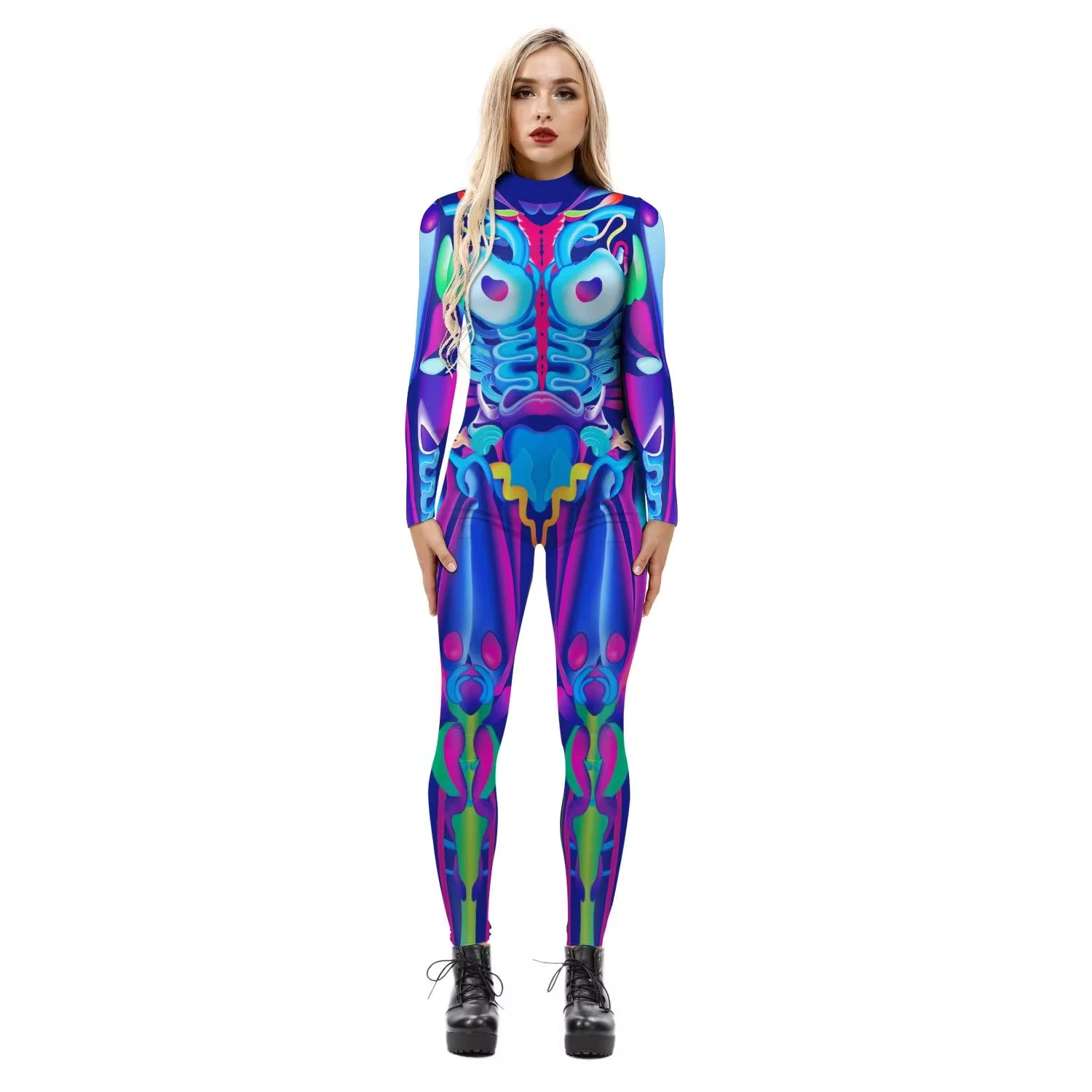 

Halloween Color Skull Skeleton Costume Print Jumpsuit Women's Gradient Color Cosplay Carnival Party Tights One-piece Bodysuits