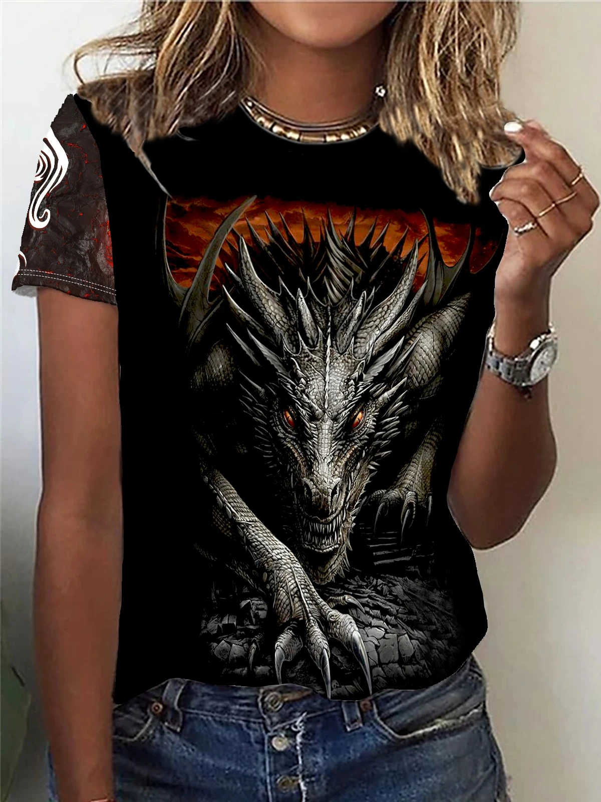 Black Dragon Print T-shirt, Casual Crew Neck Short Sleeve Top For Spring & Summer, Women\'s Clothing