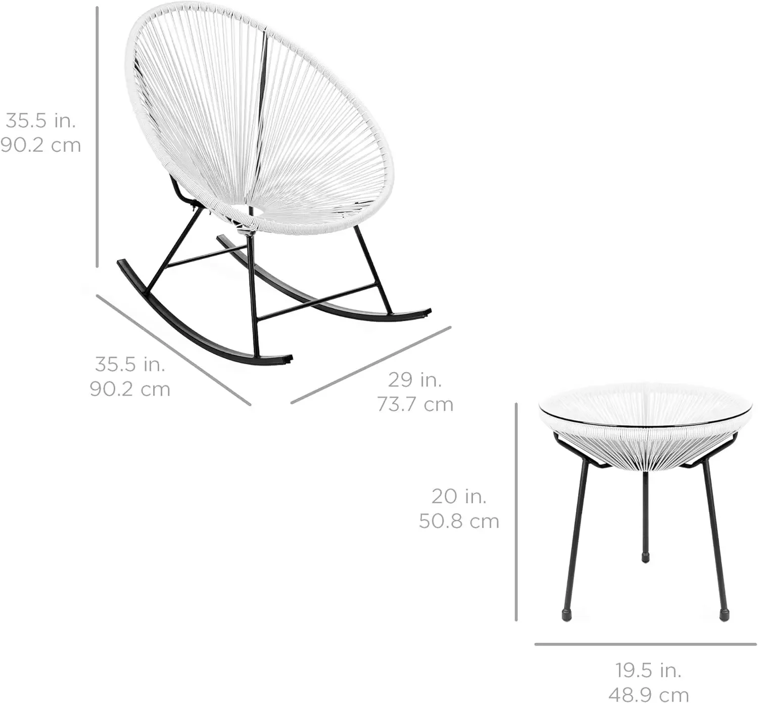 Outdoor Pátio Conversação Bistro Set, corda tecida, para todos os climas, mesa de vidro, 2 cadeiras de balanço, 3 pcs